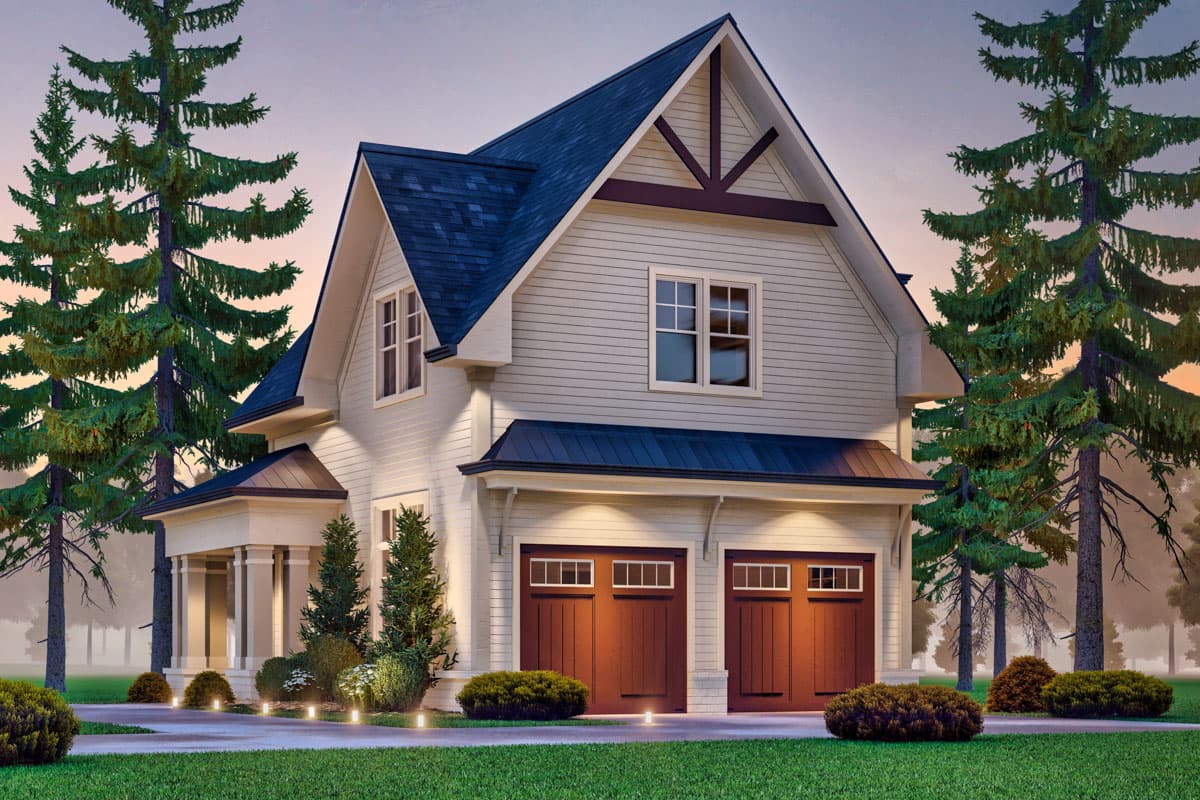 House plan exterior with a porch, gable with decorative truss, and a two-car garage.