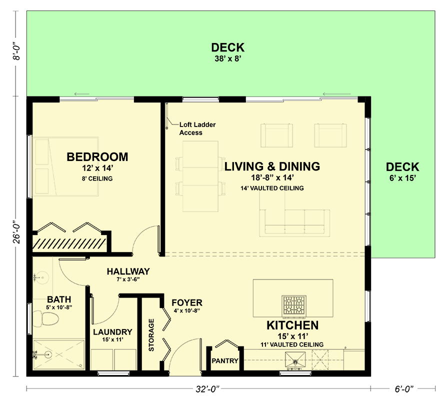 Plan 337002JUN: 1-Bed Modern ADU House Plan with Optional Sleeping Loft - 832 Sq Ft - Floor Plan - Main Level - Contemporary, Modern