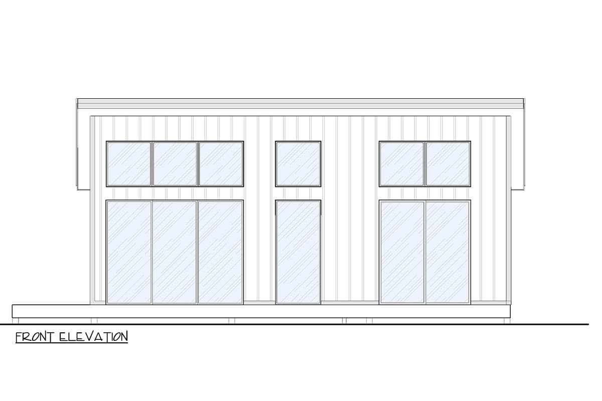 Front elevation drawing of a modern house plan featuring a flat roof, horizontal siding, and a central door flanked by large glass panels.
