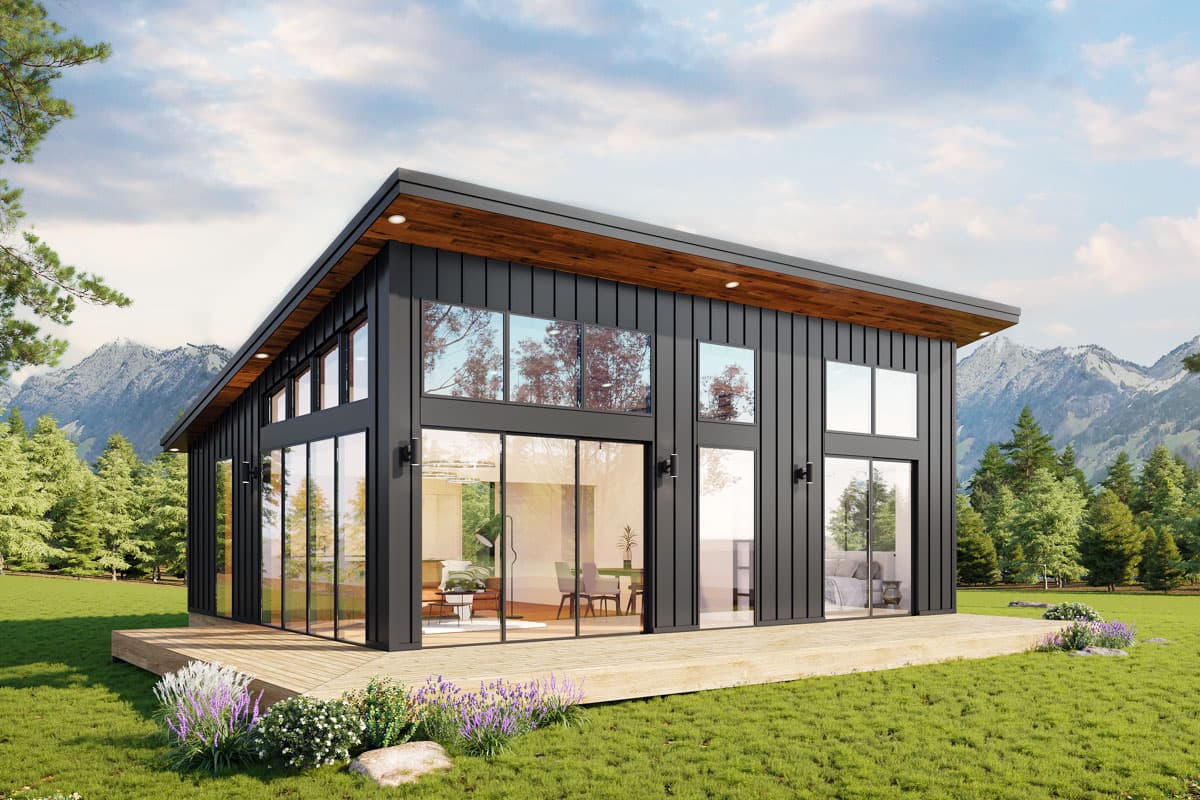 House plan exterior with modern style, one story, and large windows. Features include a flat roof, wood decking, and dark siding.