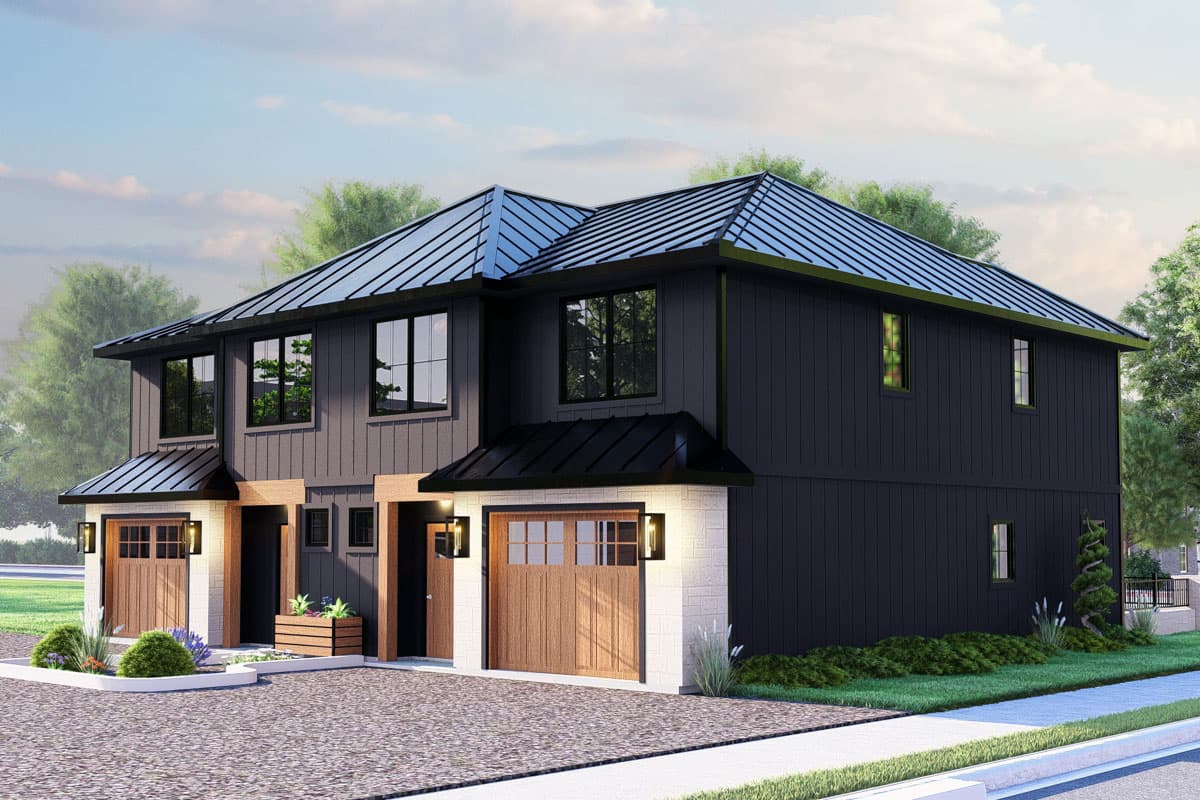 Modern two-story duplex house plan exterior with vertical siding, metal roofs, and attached garages.