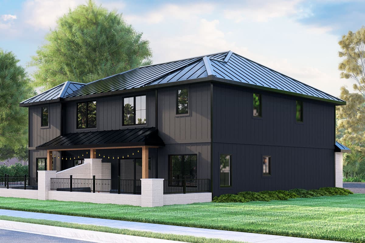 Two-story Modern Farmhouse house plan exterior with metal roof, board and batten siding, and covered porch with stone accents.