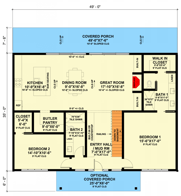 Plan 420179WNT: 2-Bed Contemporary House Plan with Stacked Porches and Flex Room - 1715 Sq Ft - Floor Plan - Main Level - Contemporary, Mid Century Modern, Modern, Mountain