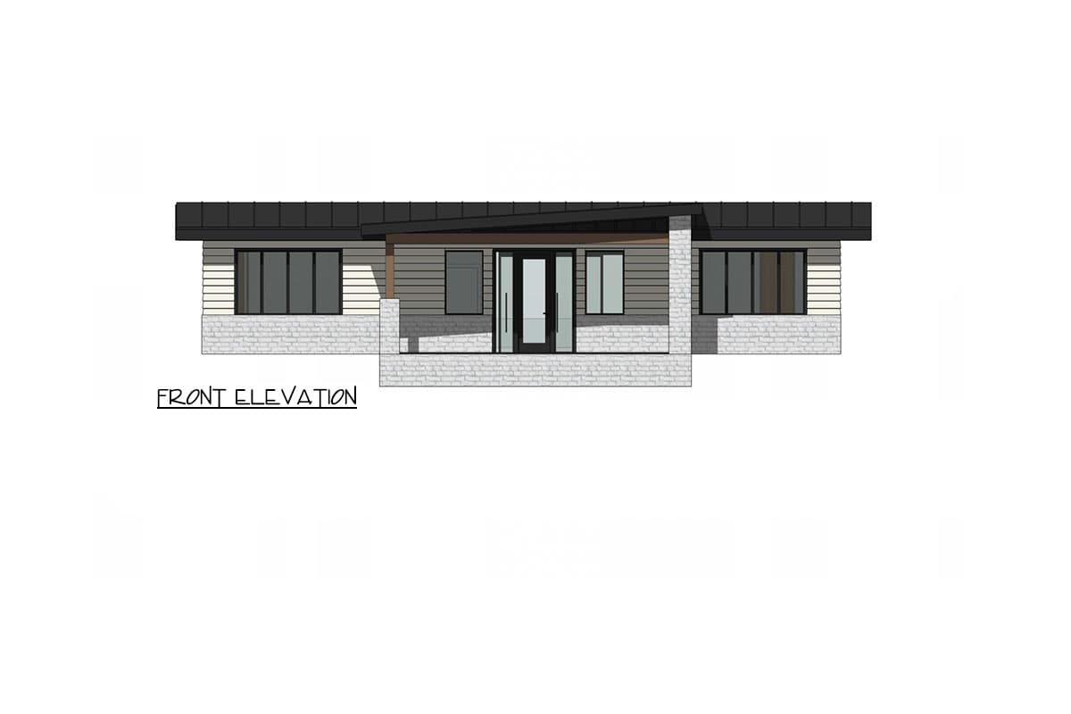 Front elevation drawing of a single-story house with a covered entry, horizontal siding, and stone accents.