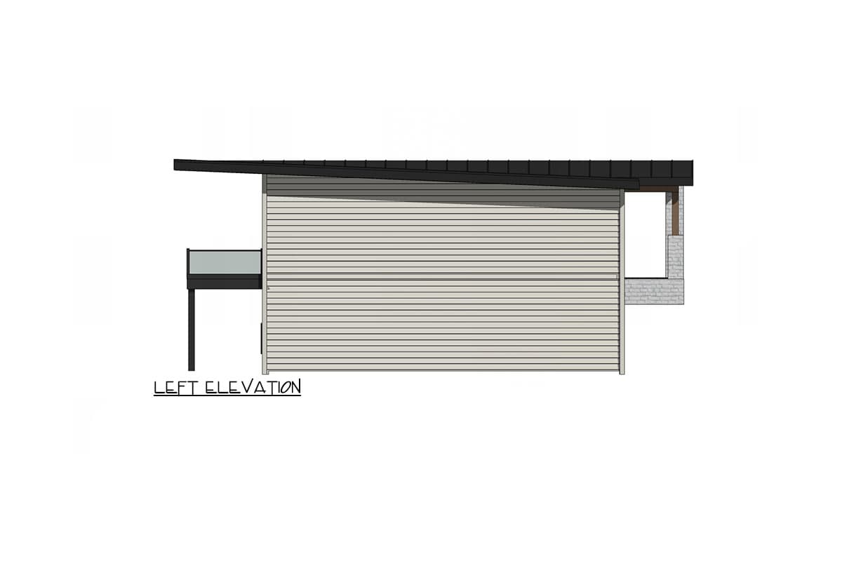 Left elevation of a house plan showing horizontal siding, a shed roof, a deck with glass railing, and a brick base below a window.