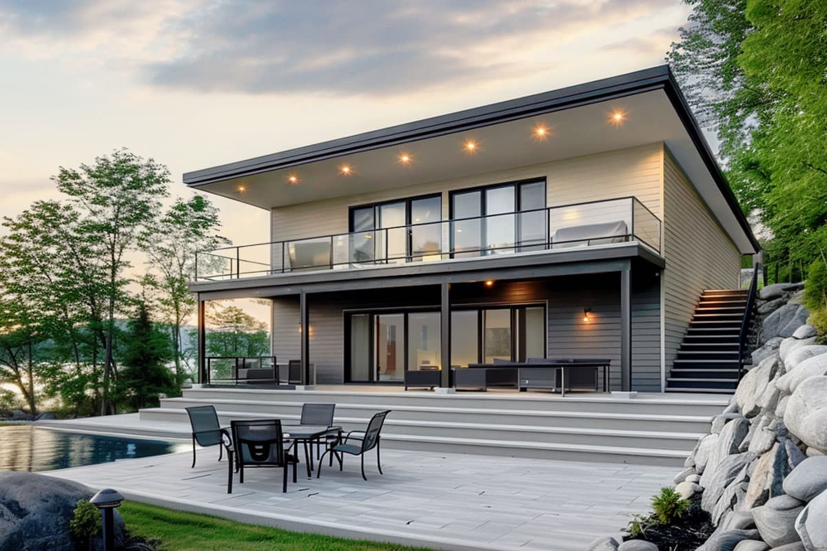 House plan exterior. Modern style, two stories, with flat roof, glass balconies, and multiple sliding glass doors.