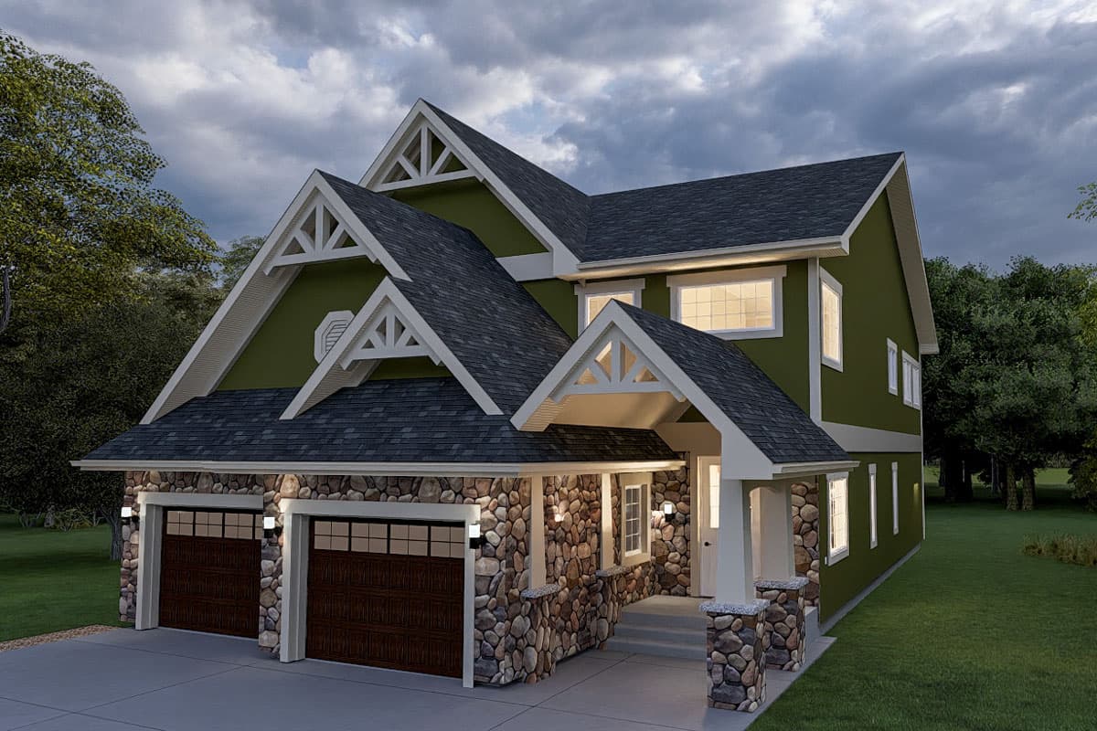 House plan exterior: Two-story modern farmhouse with stone accents, a covered entry porch, and exposed rafter tails on prominent gables.