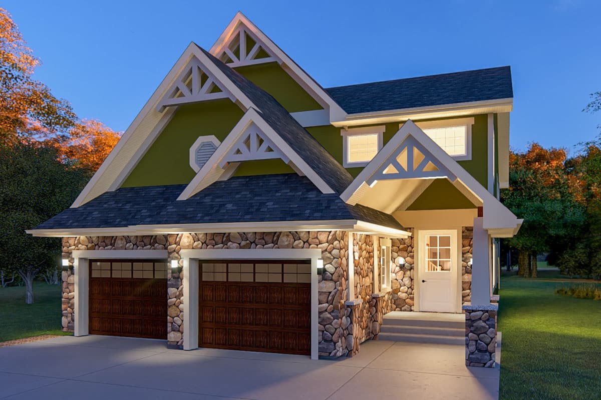 House plan exterior: two-story home with stone base, gabled dormers, decorative gable trusses, and a covered entry.