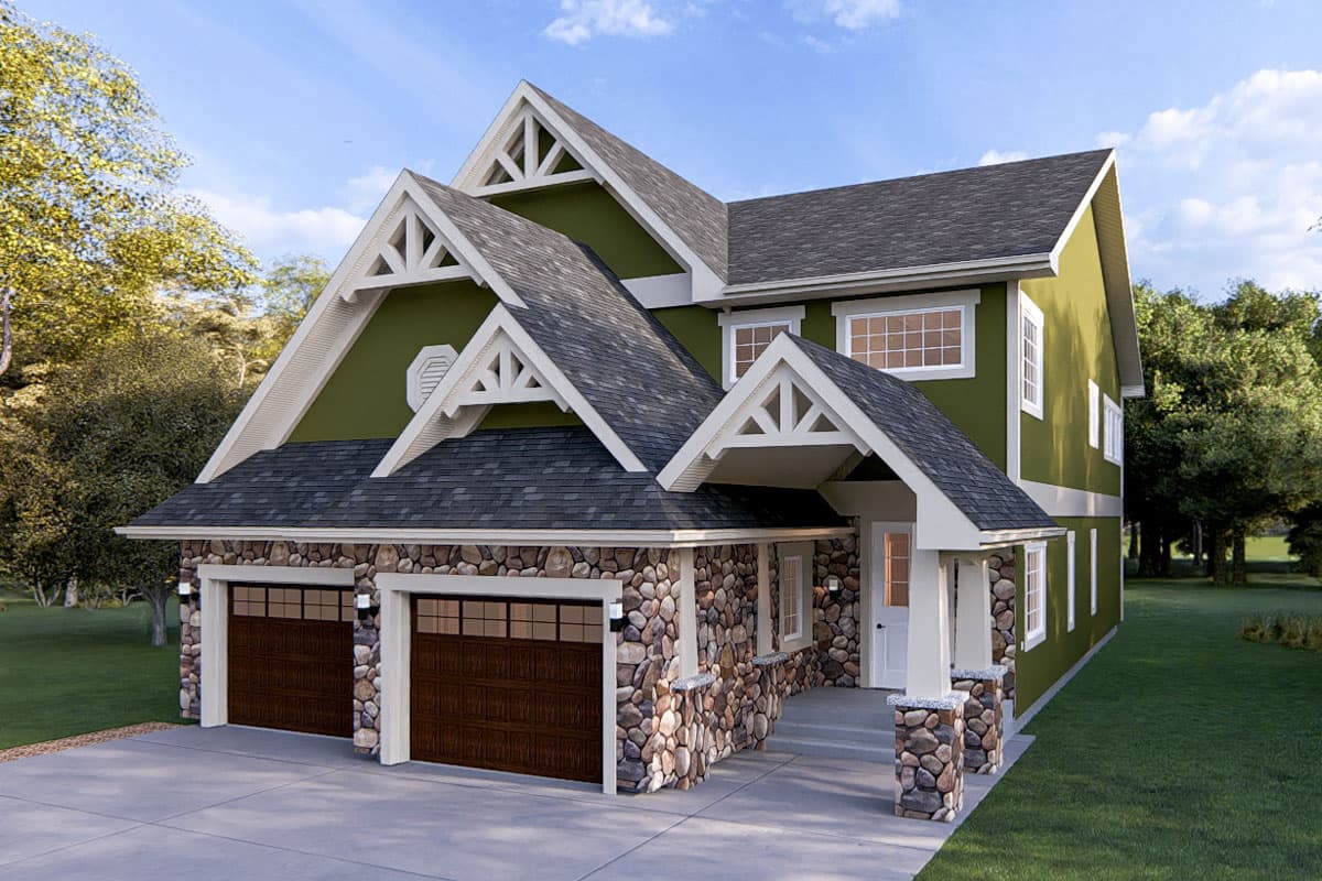 House plan exterior with stone veneer, two-story structure, and multiple gables with decorative truss accents. Features a two-car garage.