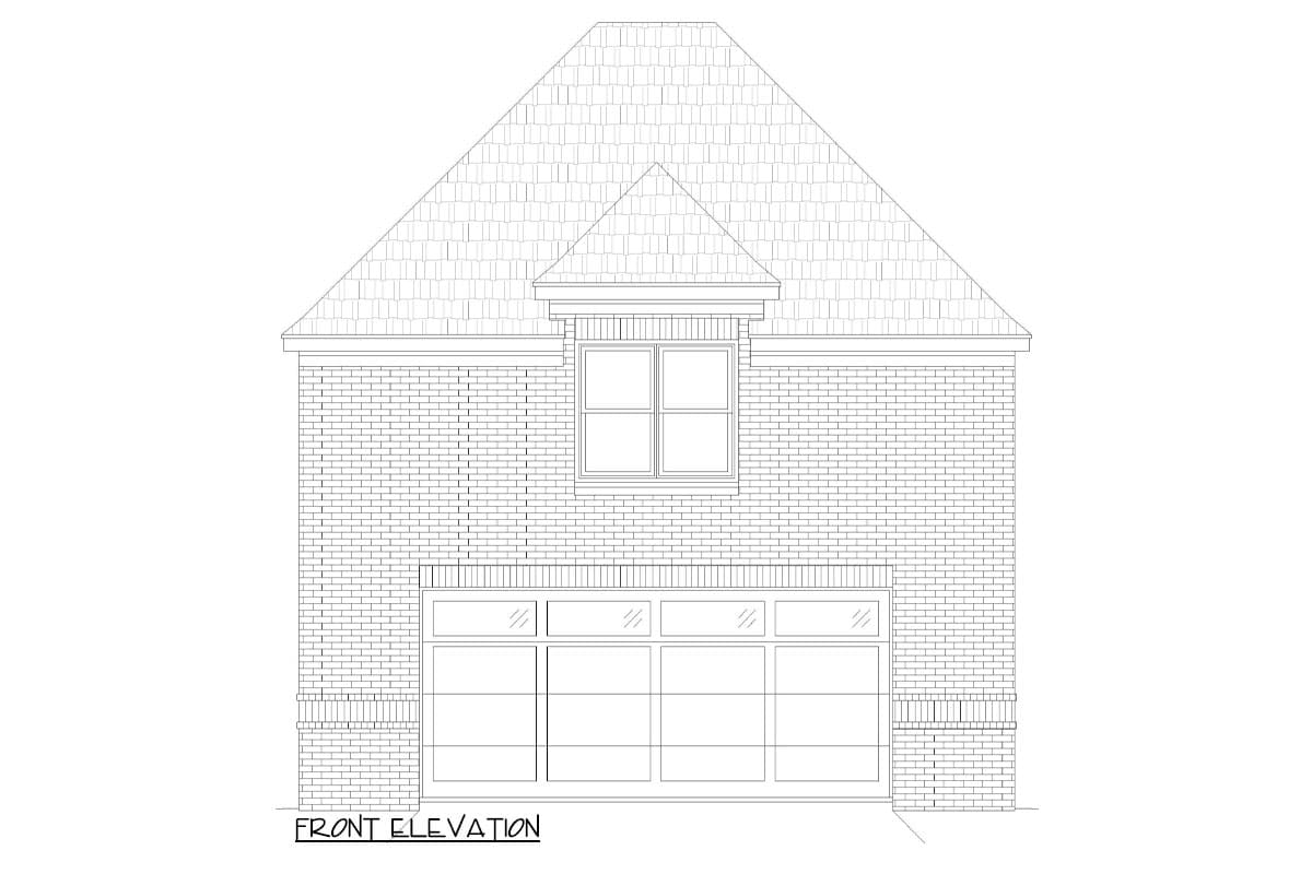 Front elevation drawing of a brick house plan with a two-car garage, dormer window, and gabled roof.