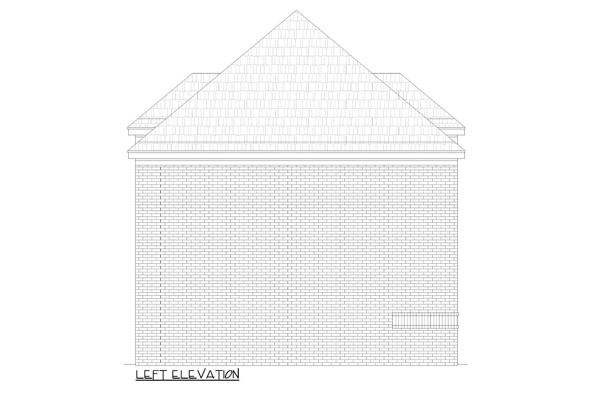 Left elevation drawing of a house plan featuring brickwork, a pitched roof with visible shingles, and a small, barred window.
