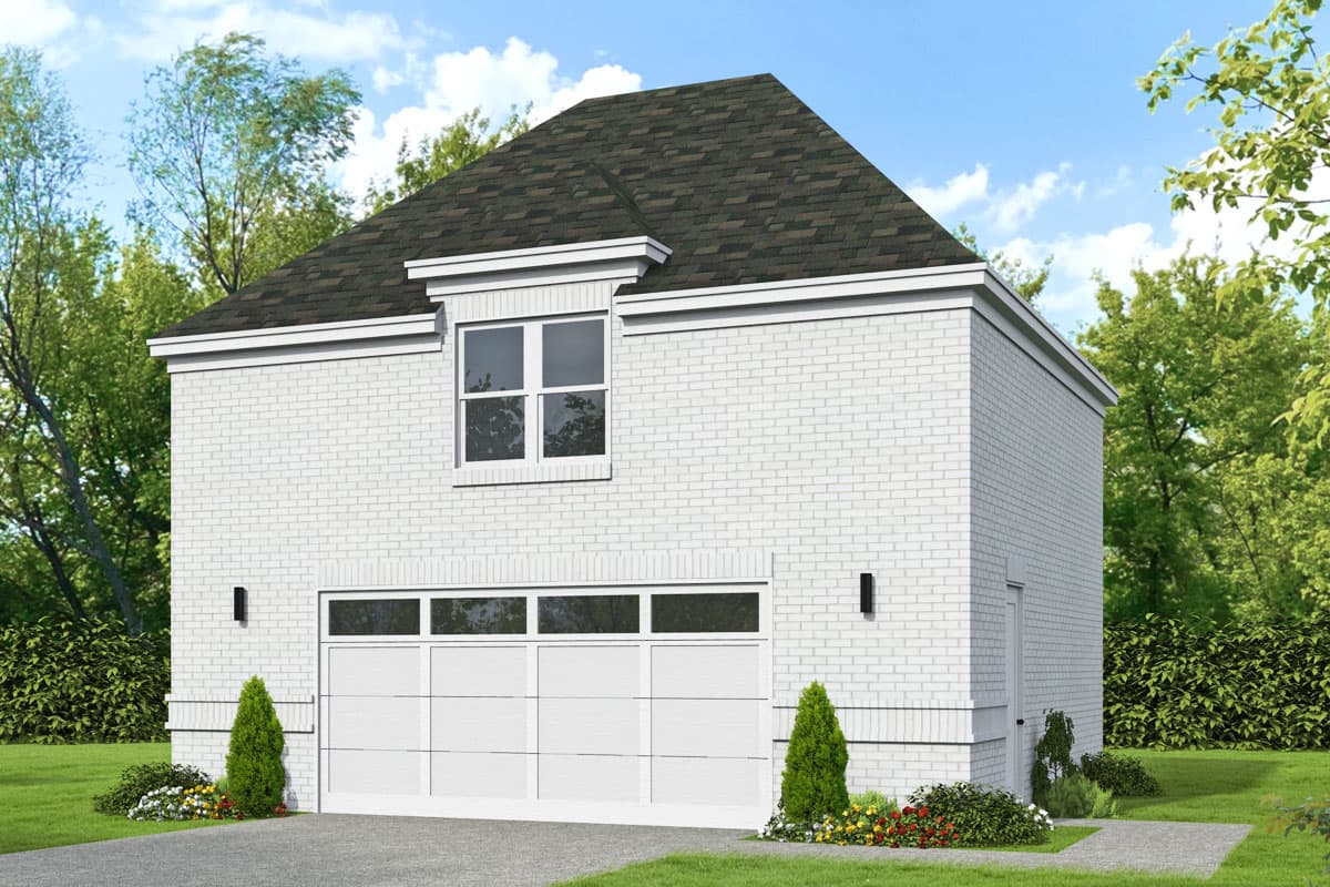 House plan exterior with two stories, brick exterior, a gabled roof, and an attached garage. Features include a window above the garage door.