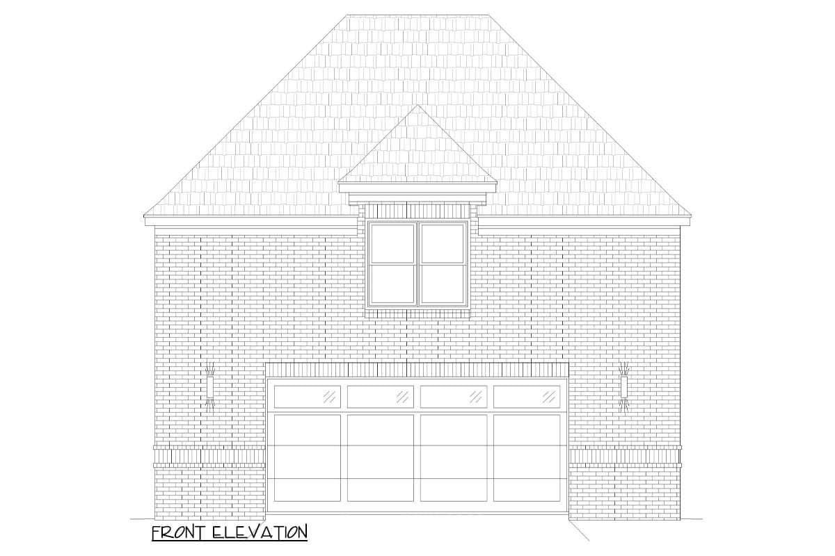 Front elevation drawing of a house plan showing a brick facade with a large garage door, a single window above, and a prominent gable roof.