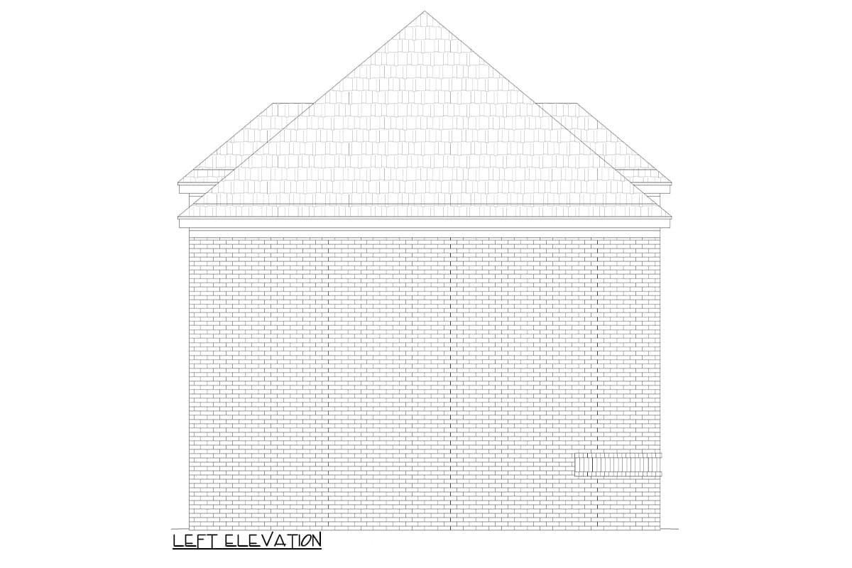 Left elevation drawing of a brick house with a gable roof and a small window.