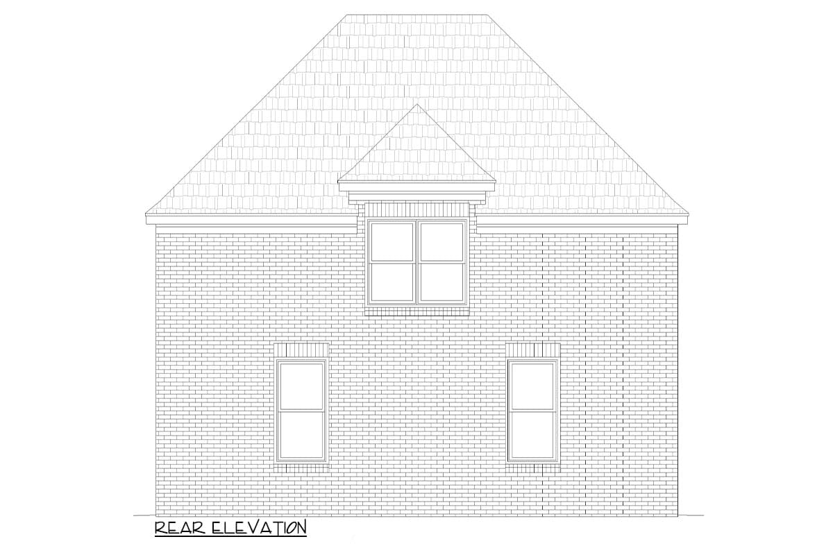 Rear elevation drawing of a brick house with a gabled roof, dormer, and three windows.