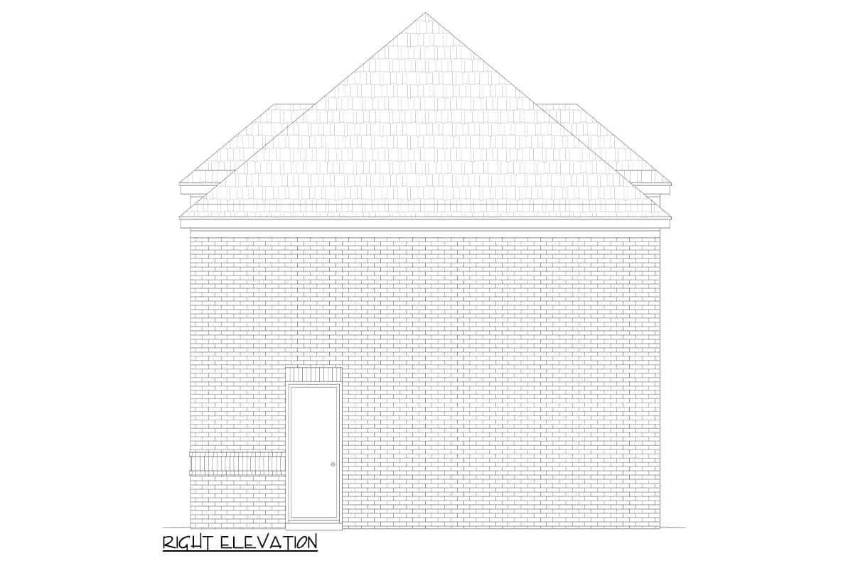 Right elevation drawing of a house plan showing brick exterior, single door, and pitched roof with dormer.