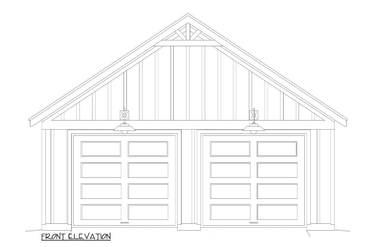 Front elevation drawing of a two-car garage with paneled doors and a gable roof.