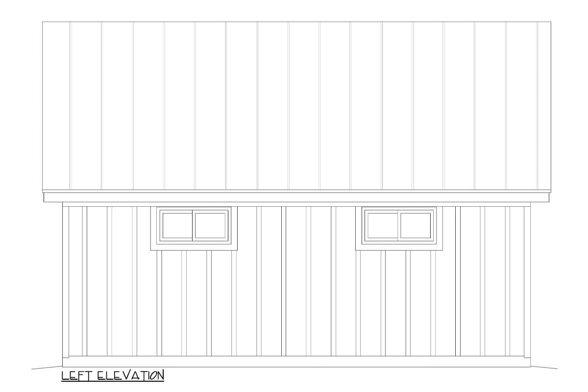 Left elevation house plan drawing showing vertical siding and two horizontal windows.