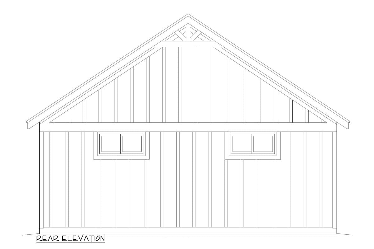 Rear elevation drawing of a house plan featuring vertical siding, a gable roof with exposed rafters, and two small rectangular windows.