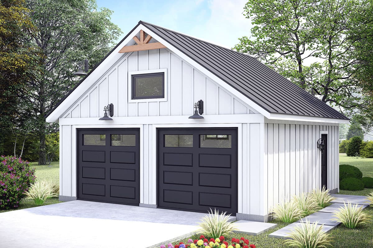 House plan exterior with two-car garage. Features include board and batten siding, metal roof, and a gable roofline.