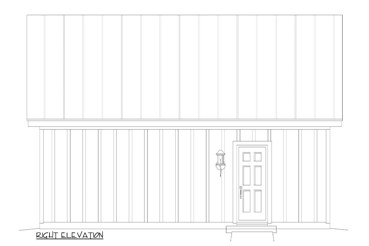Right elevation drawing of a house plan showing a simple door with a lantern light and vertical siding.