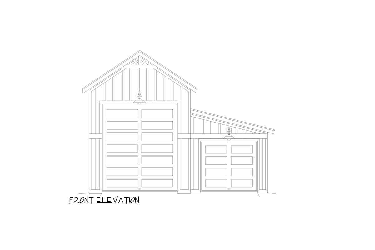 Front elevation drawing of a building with a large garage door and a smaller adjacent garage door, featuring a gable roof.