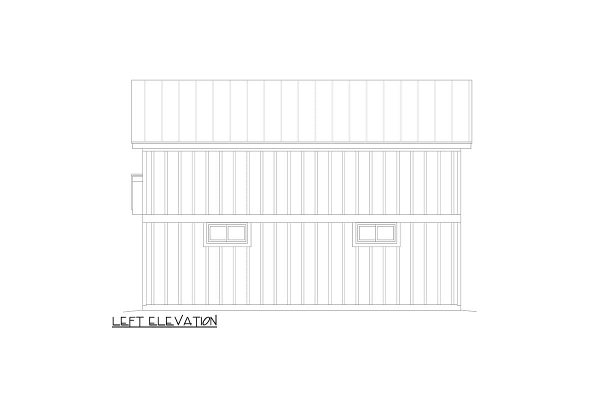 Left elevation drawing of a two-story house plan with vertical siding and two small windows on the lower level.