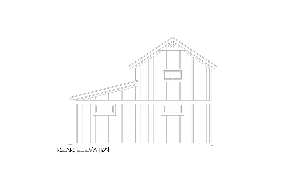 Rear elevation drawing of a two-story house with vertical siding, gabled roof, and multiple windows.
