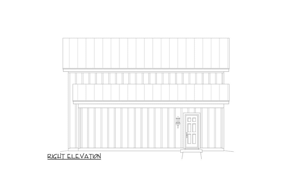 Right elevation house plan. Vertical siding, second-story balcony, and double-pane front door.