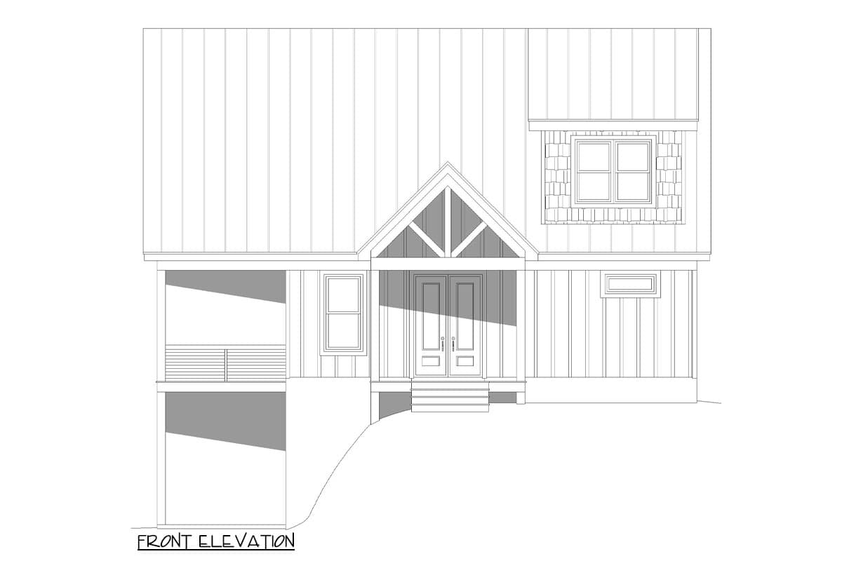 Front elevation of a house plan showing a covered entrance with a gable roof, double doors, and a side porch.