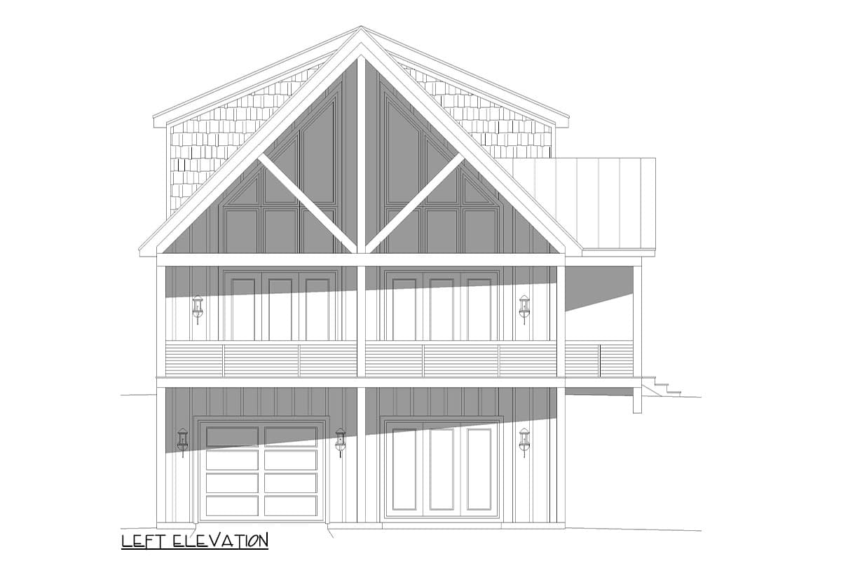 Left elevation house plan with a gable roof, prominent wood framing, and a two-story covered porch.