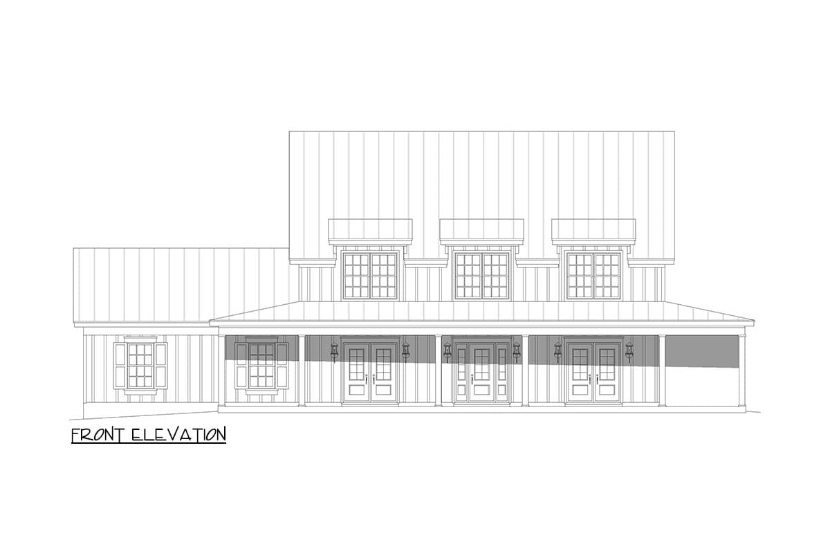 Front elevation drawing of a two-story house plan with a wraparound porch, metal roof, and multiple dormers.