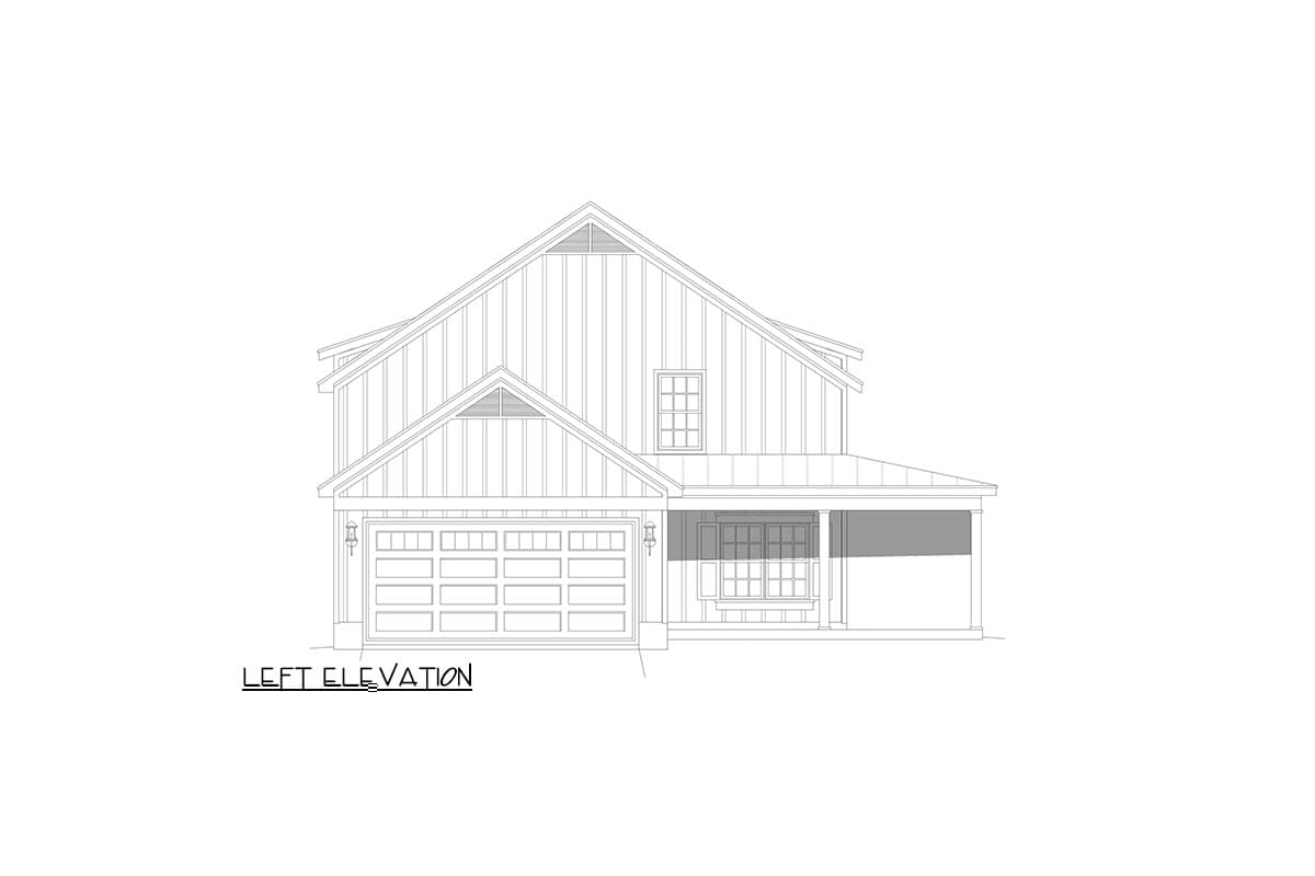 Left elevation of a two-story house plan featuring a gable roof, board and batten siding, a two-car garage, and a covered porch.