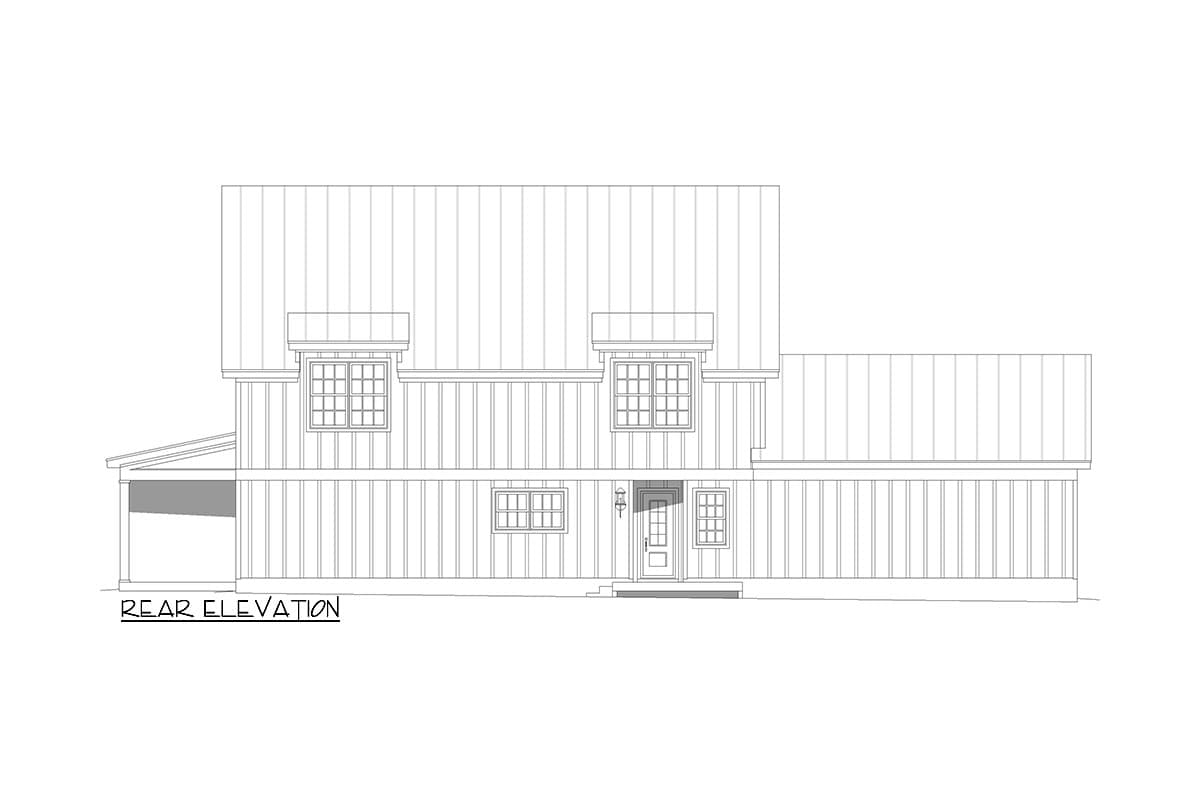Rear elevation drawing of a two-story house plan with gabled dormers, multiple windows, and a side-covered porch.