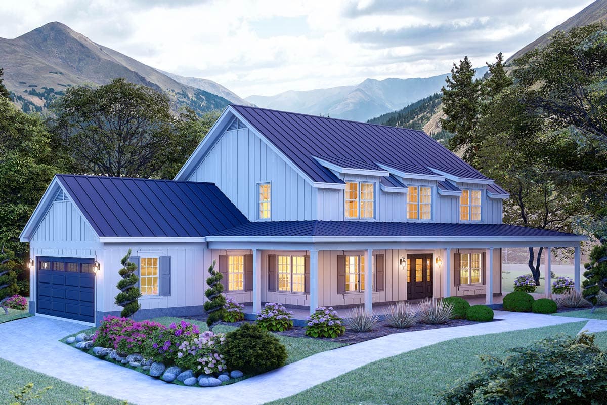 House plan exterior. Two-story Modern Farmhouse with a gabled roof, dormers, and a wraparound porch. Includes a two-car garage.