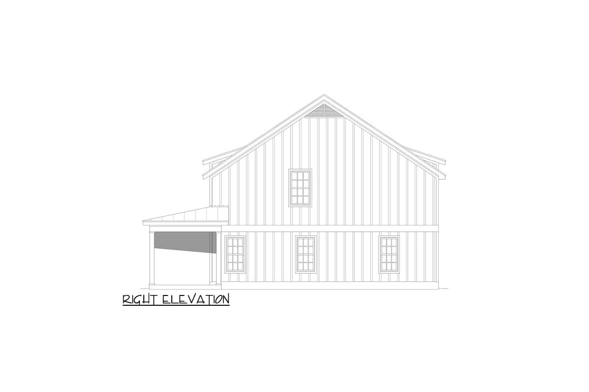 Right elevation of a house plan with vertical siding, a gabled roof with a vent, and a covered porch with columns.