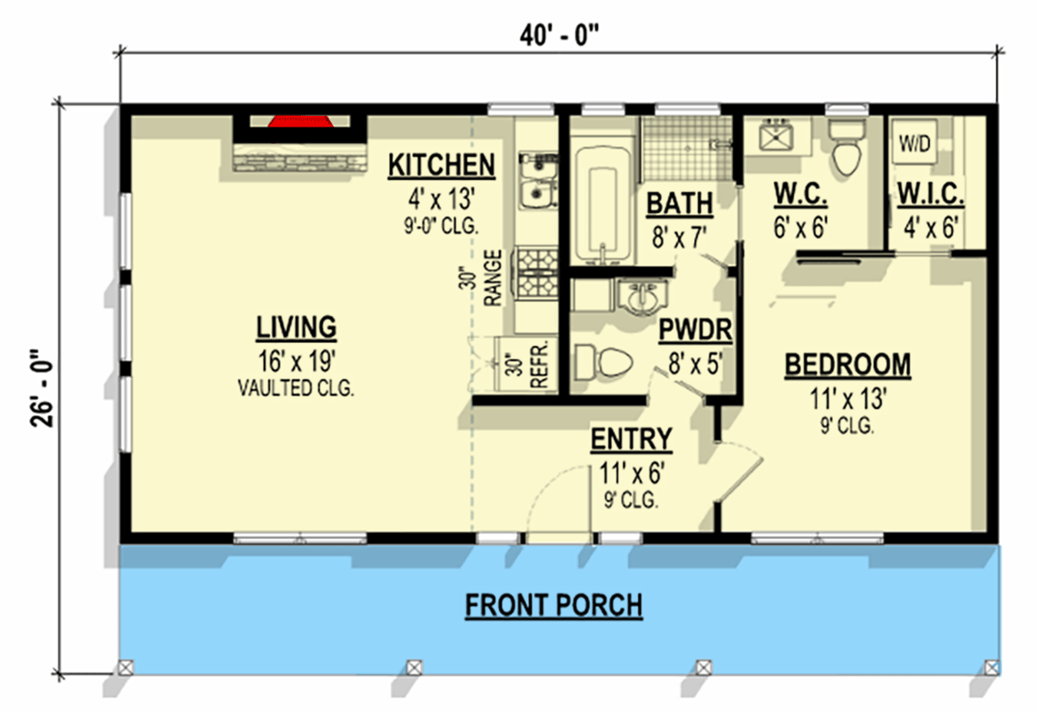 Plan 307715RAD: 1-Bed Mountain Cabin with Loft and Expansive Windows - 800 Sq Ft - Floor Plan - Main Level - Cabin, Mountain, Vacation