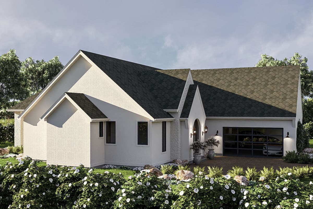House plan exterior: Modern Ranch with multiple gables, arched entryway, and glass garage door.