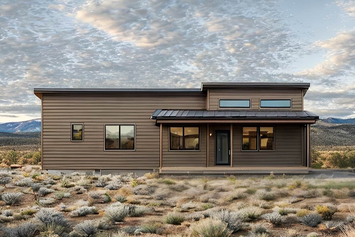 Modern house plan exterior with horizontal siding, a covered porch, and stacked windows.