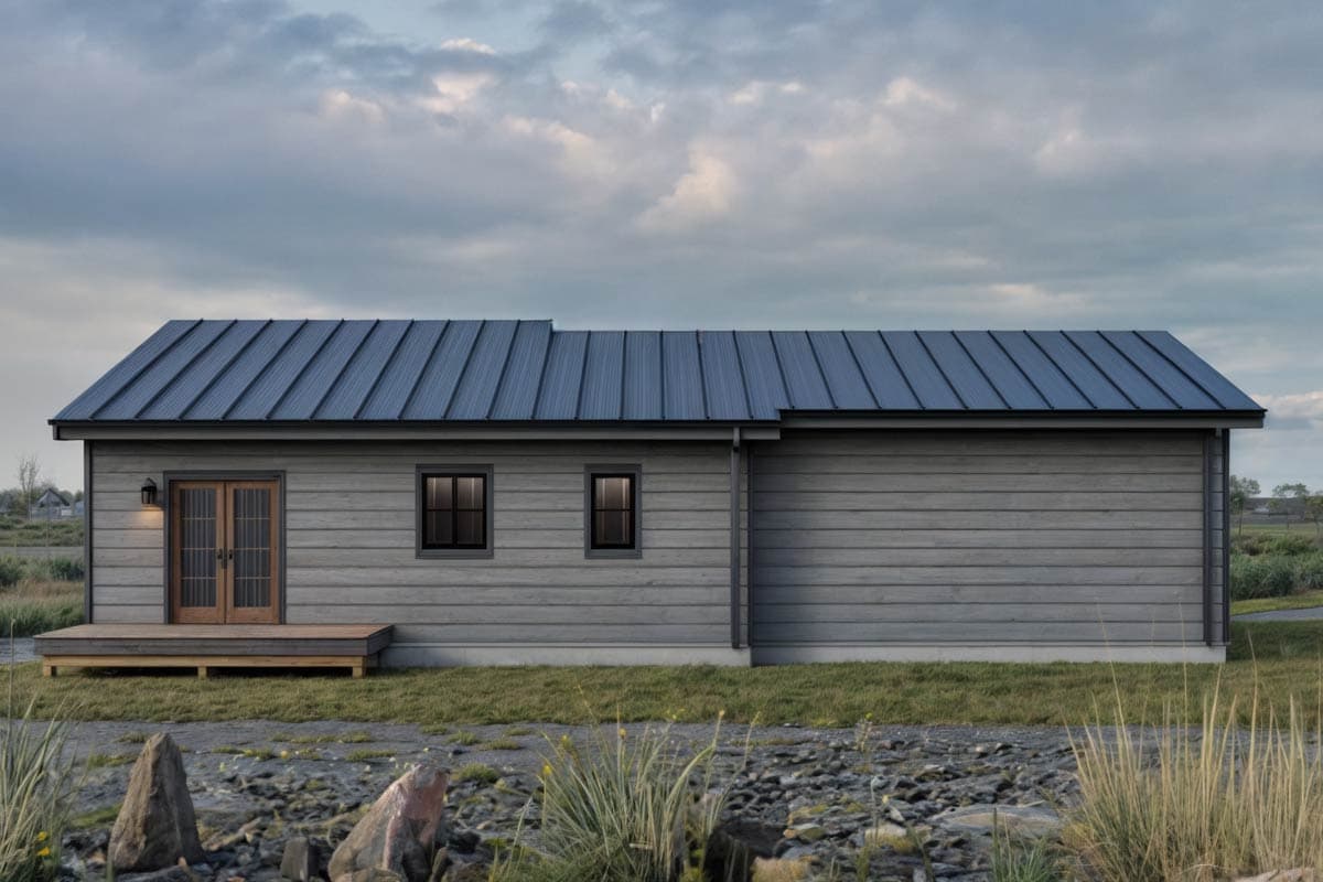 House plan exterior of a one-story modern home with horizontal siding, standing seam metal roof, and double doors leading to a small deck.