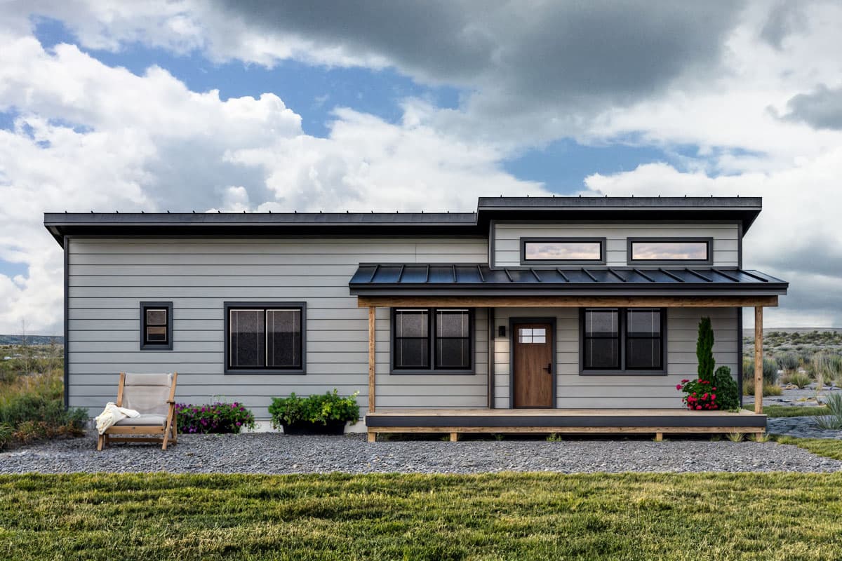 House plan exterior. Modern style, one story. Features include a porch with wood posts, shed roof, and horizontal siding with dark window frames.