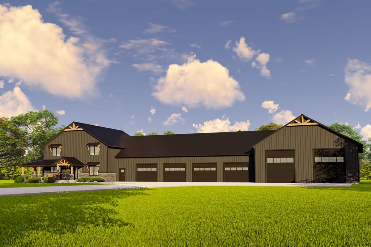 House plan exterior with Modern Farmhouse style, dark siding, prominent gables with wood accents, and multiple garage bays.