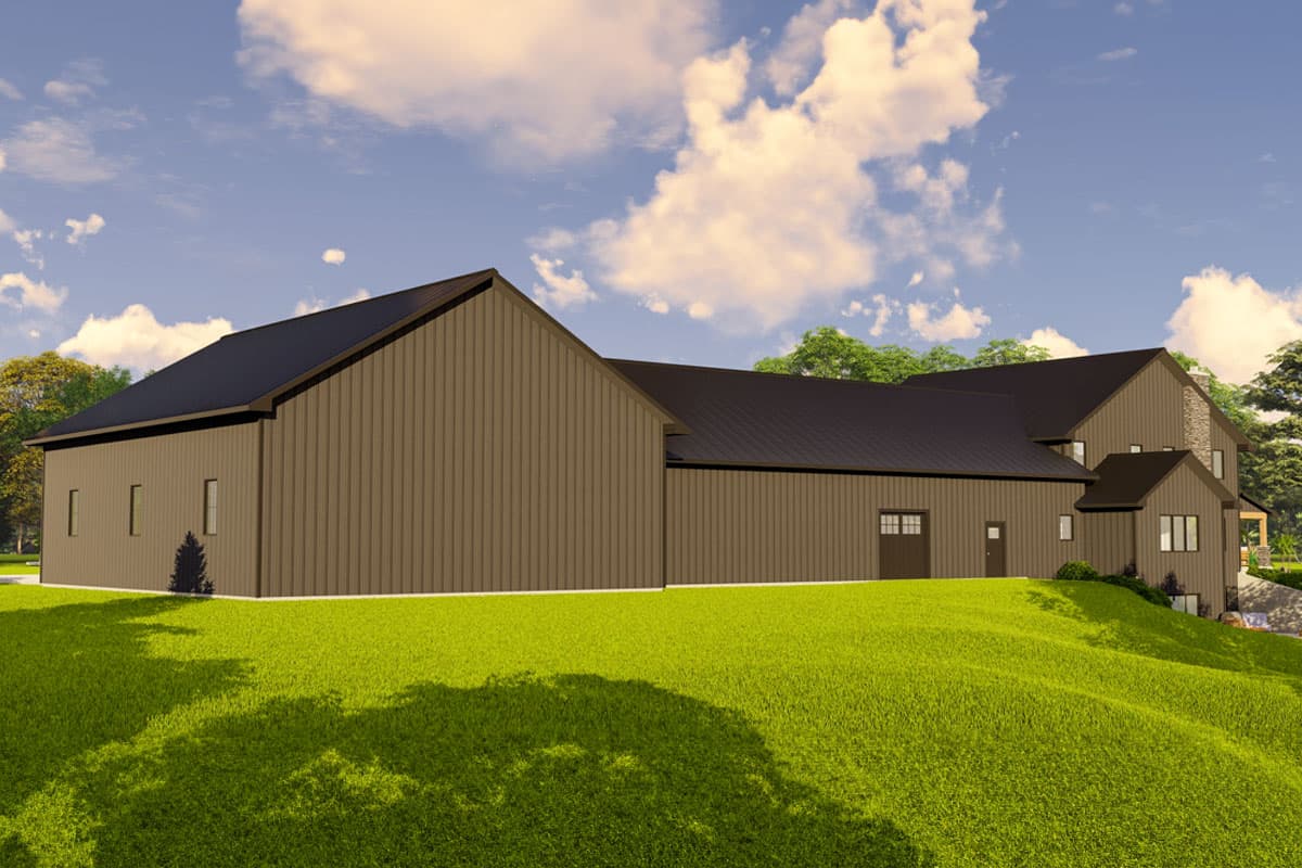 House plan exterior with a modern farmhouse style, dark metal roof, vertical siding, and an attached garage.