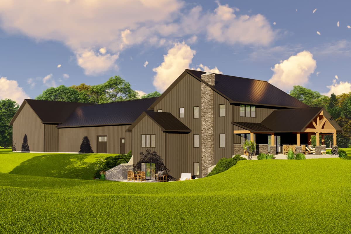 Modern farmhouse house plan exterior with gable roof, stone chimney, covered porch with exposed beams, and attached garage.