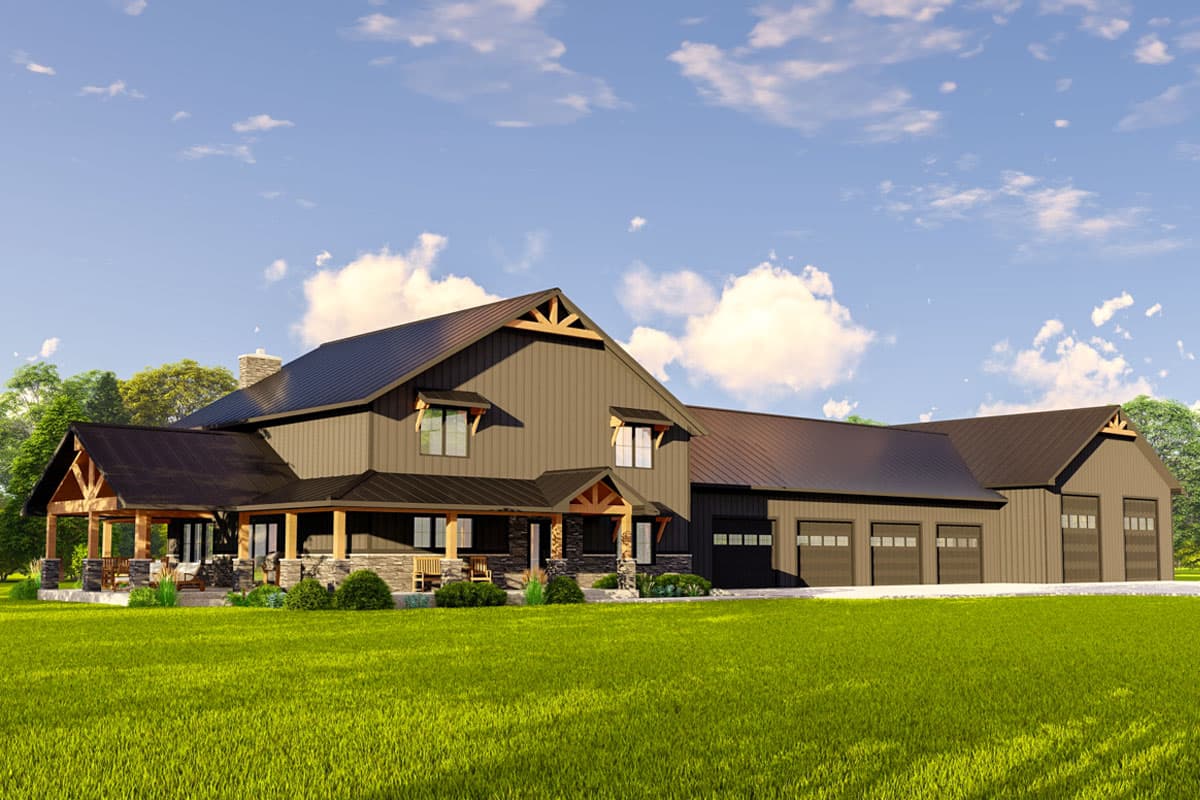 House plan exterior with two stories. Features include a wrap-around porch, exposed beams, gable roof, and attached garage.