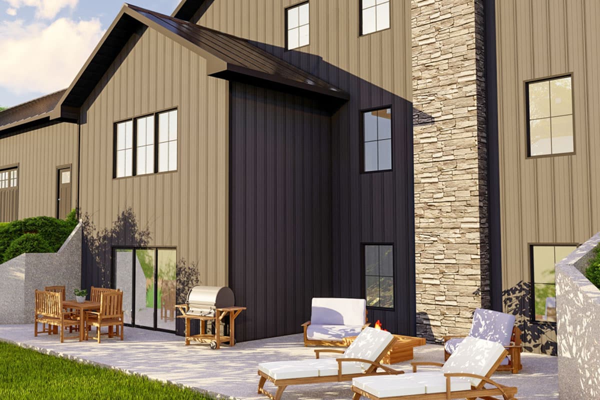 House plan exterior showcasing a multi-story modern design with vertical siding, stone chimney, and large windows.