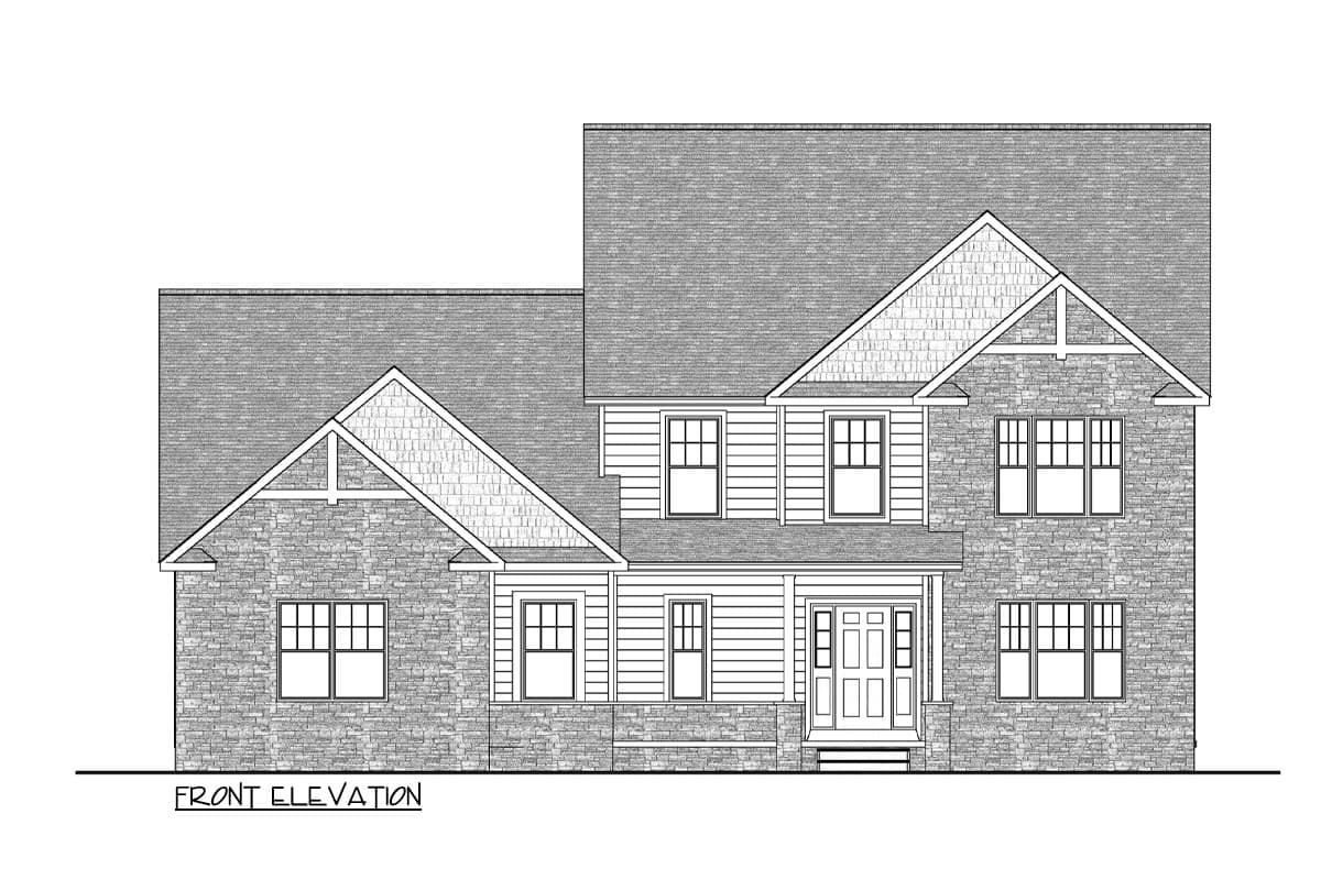 House plan front elevation. Traditional style with stone accents, large windows, and covered porch.