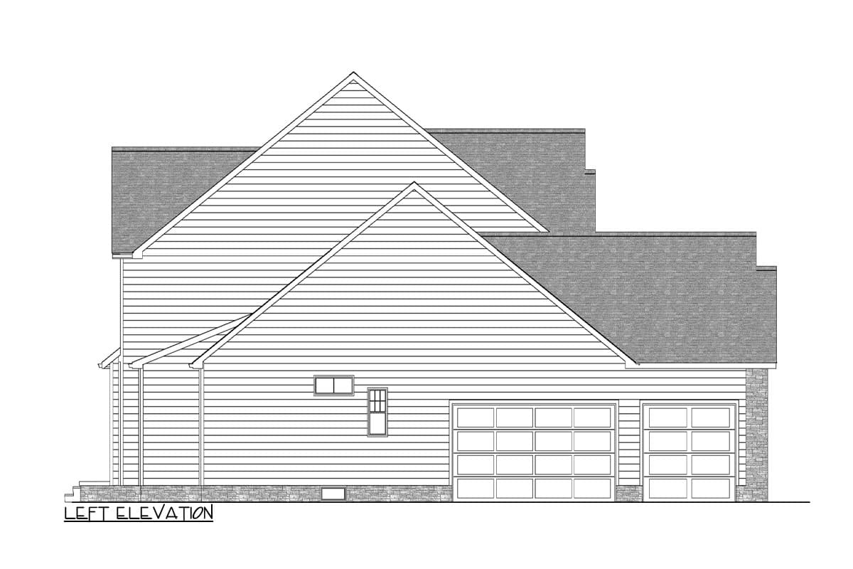 House plan left side elevation view of a two-story house with a garage. Shows roof lines, windows, and details.