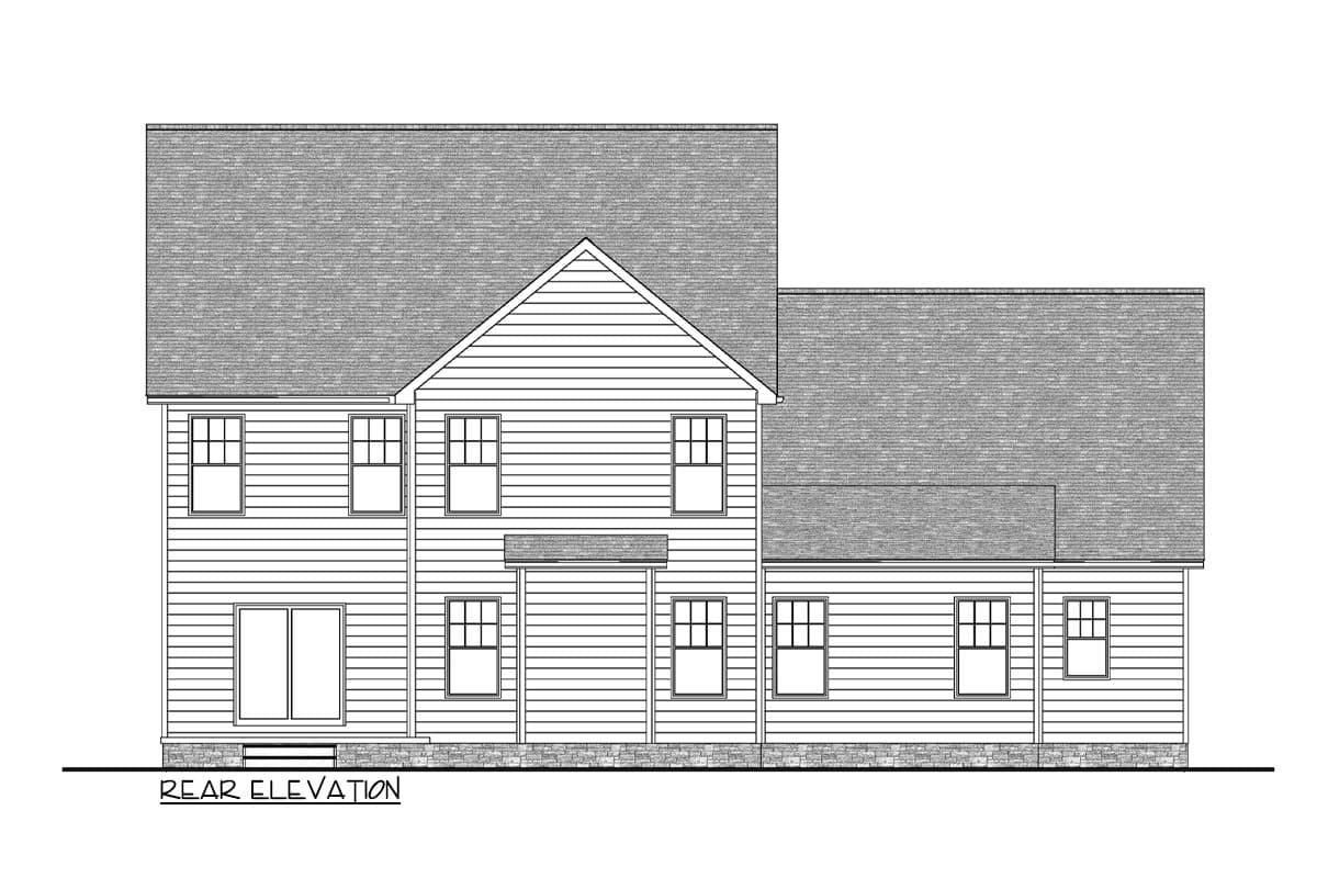 House plan rear elevation, featuring a traditional style and multiple windows.