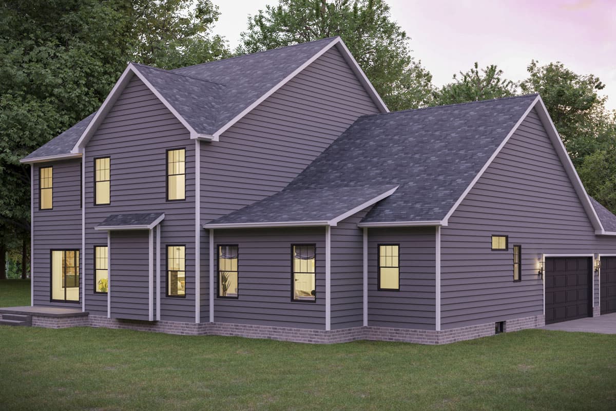 Rear exterior view of a 4-bed traditional house with gray siding, white trim, and a two-car garage with left side entry